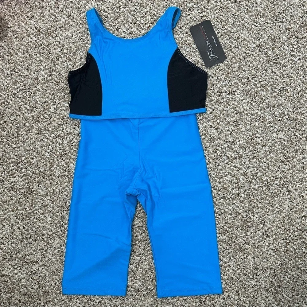 AXS Theatricals blue black 2‎ piece dance set bike shorts crop top tank adult XS